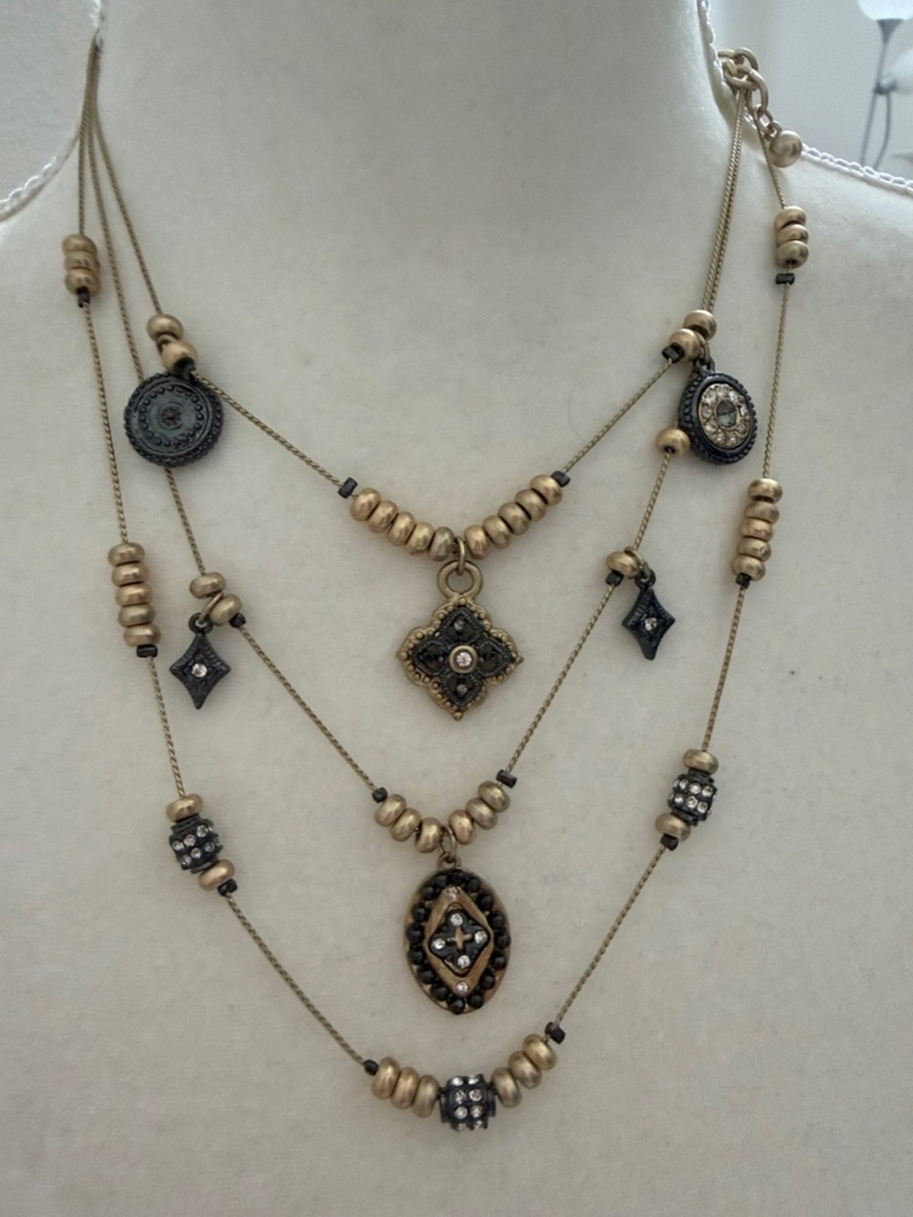 Chico's Gold-Tone Multi-Layer Pendant Necklace with Crystal Accents